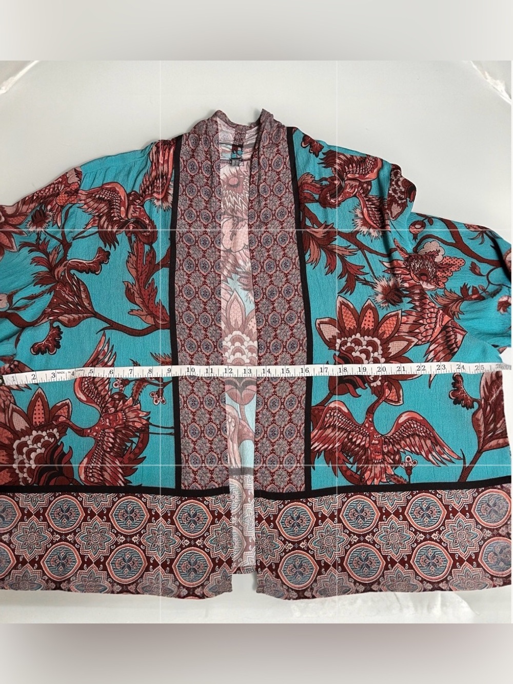BL^NK London Kimono Jacket Boho Bird Print Open Front Turquoise NWOT - Picture 7 of 8